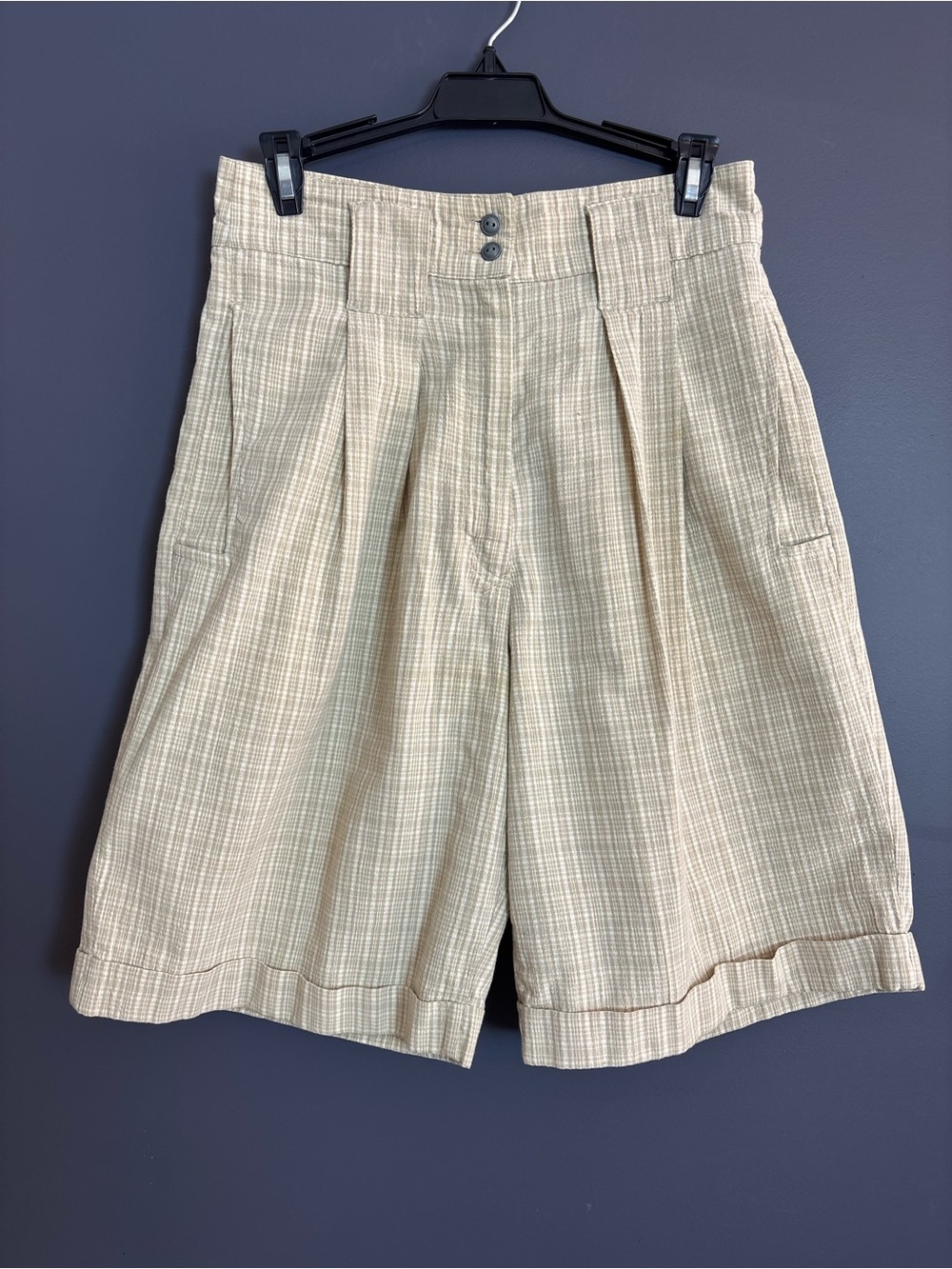 Vintage 90's Unionbay High Waist Bermuda Shorts Plaid Beige Cream Pleated 11